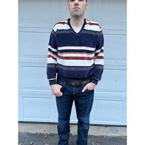 1970s mens velour shirt V neck shirt blue brown and white X Large